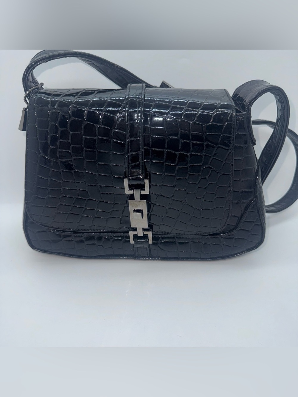 Veneto Black Croc-Embossed Shoulder Bag with Silver Accent